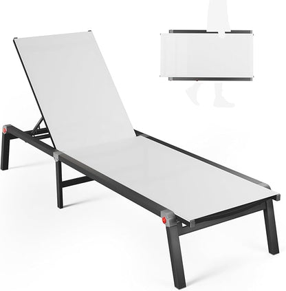 Aluminum Chaise Foldable Patio Lounge Chair Outdoor, Metal Deck Lounger Adjustable 5-Position Recliner Pool Chase Breathable Full Flat Outside Sun Tanning Chairs for Beach/Poolside/Lawn(White, 1Pack)