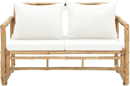 2 Seater Patio Sofa with Cushions, Outdoor Bench, Bench with armrests, Garden Furniture Bench, Wooden Bench with Backrest for Patio, Garden, Yard, Lawn, Bamboo