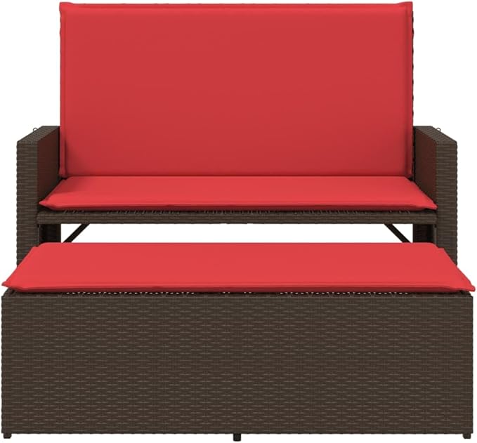 Patio Bench with Cushions and Footstool Brown Poly Rattan Garden Bench Park for Garden Lawn