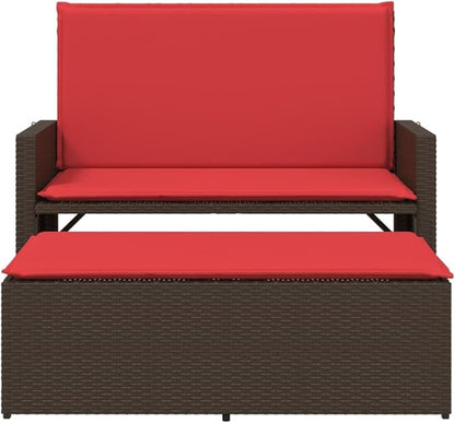 Patio Bench with Cushions and Footstool Brown Poly Rattan Garden Bench Park for Garden Lawn