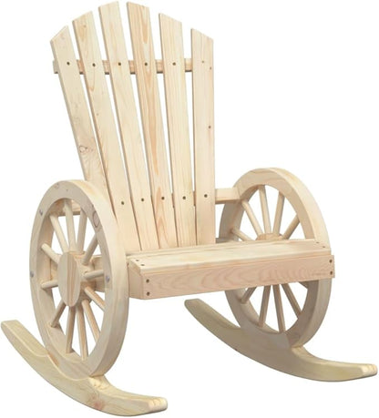 Brown Solid Fir Wood Rocking Adirondack Chair Medium Ergonomic Design for Outdoor Patio Garden Relaxation with Slanted Back and Wide Armrests