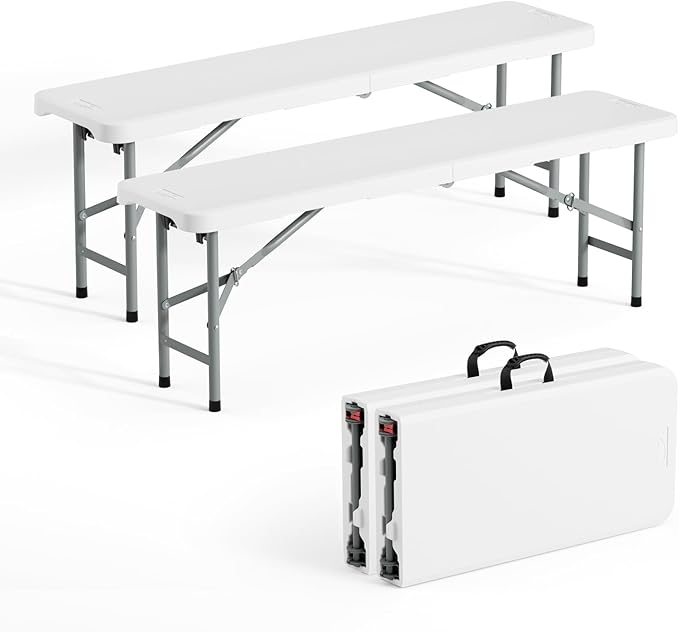 VINGLI 6 feet Plastic Folding Bench,Portable in/Outdoor Picnic Party Camping Dining Seat, Garden Soccer Multipurpose Entertaining Activities, Smooth HDPE Tabletop (2, White, 4ft)