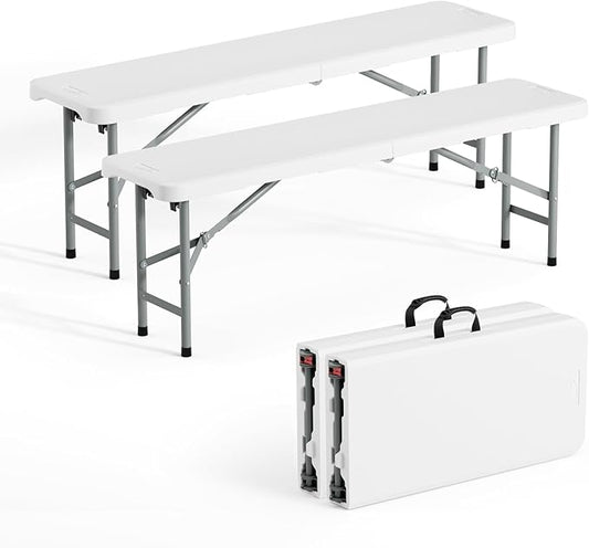 VINGLI 6 feet Plastic Folding Bench,Portable in/Outdoor Picnic Party Camping Dining Seat, Garden Soccer Multipurpose Entertaining Activities, Smooth HDPE Tabletop (2, White, 4ft)