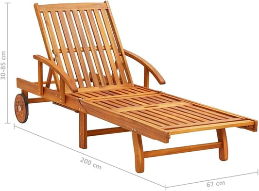Solid Acacia Wood Outdoor Lounge Chair with Adjustable Backrest Foldable Table Blue Cushion and Wheels for Patio Poolside Garden Sun Lounger