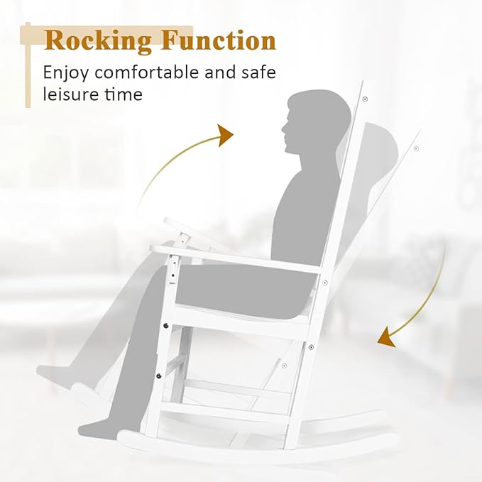 Tangkula Acacia Wood Porch Rocking Chair, Wooden Rocking Chair Rocker with High Back & Armrest for Indoor Outdoor Use, Patio Rocker for Garden Lawn Balcony Backyard Poolside (1, White)