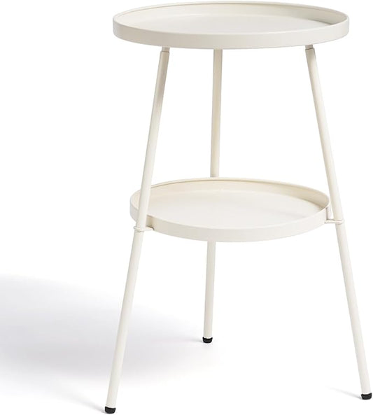 Outvita Outdoor Round Side Table, Small Metal End Table Black Coffee Table for Patio Lawn Garden Living Room Bedroom Sturdy (Double Layer, Creamy White)