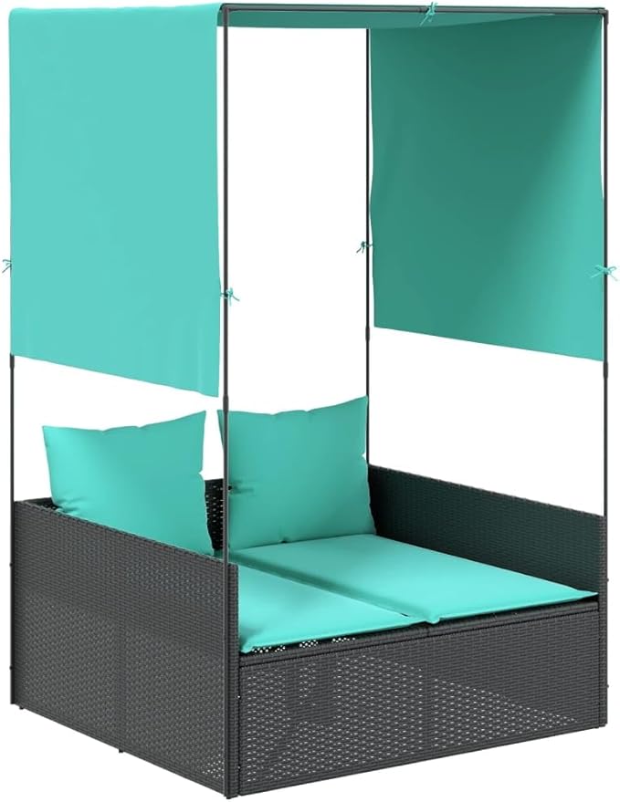 Double Patio Sun Lounger Outdoor Chaise Lounge 17"x18.3"x29" Black PE Rattan with Adjustable Canopy Privacy Curtains Blue Cushions for Garden Poolside Beach Backyard