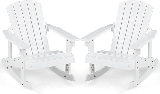 Giantex Wooden Adirondack Rocking Chairs Set of 2 - Kids Outdoor Rocker with Slatted seat, Smooth Rocking Feet, 300LBS Weight Capacity, Porch Rocking Chair for Balcony, Backyard, Poolside (2, White)
