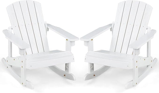Giantex Wooden Adirondack Rocking Chairs Set of 2 - Kids Outdoor Rocker with Slatted seat, Smooth Rocking Feet, 300LBS Weight Capacity, Porch Rocking Chair for Balcony, Backyard, Poolside (2, White)