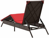 Adjustable Patio Sun Lounger with Cushion, 1-Person Outdoor Chaise Lounge Chair, Brown and Red PE Rattan for Garden - Photo 6