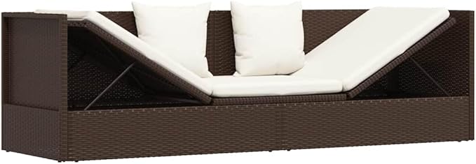 Brown PE Rattan Foldable Cushioned Sun Lounger with 4 Pillows and 7-Level Adjustable Backrest for Patio Garden Poolside - Photo 5