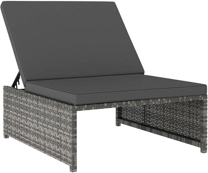 Gray Poly Rattan Reclining Patio Chairs, 2 pcs with Glass Top Table, Outdoor Chaise Lounge Set, Weatherproof Garden Furniture