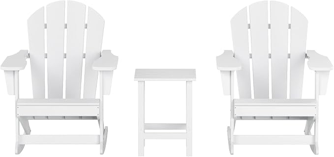 WO WESTIN OUTDOOR HDPE Laguna Outdoor Rocking Poly Adirondack Chair with Side Table 3-Piece Set, White