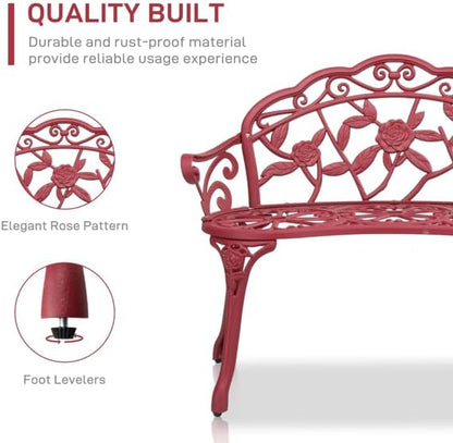 Outdoor Cast Aluminum Garden Bench for Patio or Porch, Red Antique Vintage Rose Design Seat with Iron Legs, Weatherproof Outdoor Furniture