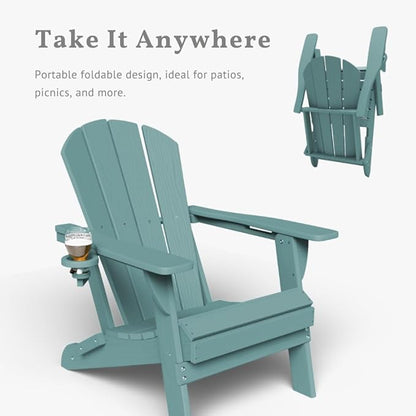 Folding Adirondack Chairs with Cup Holders, Set of 4 HDPE Plastic Outdoor Chairs, Weather Resistant, Real Wood Look, Heavy-Duty Patio Furniture for Deck, Fire Pit, Backyard, Aruba Blue
