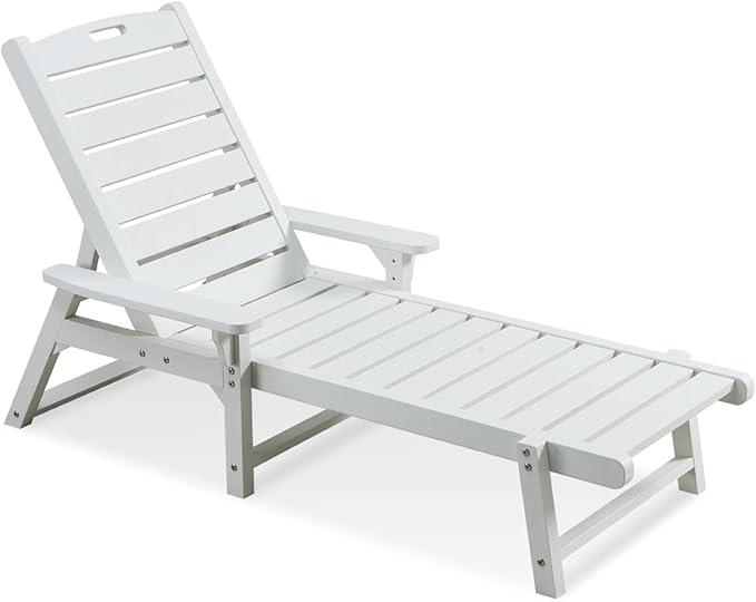 Psilvam Adjustable Chaise Lounge Chair - 350lb Capacity All-Weather Poly Lumber Recliner for Poolside, Patio, Porch - White