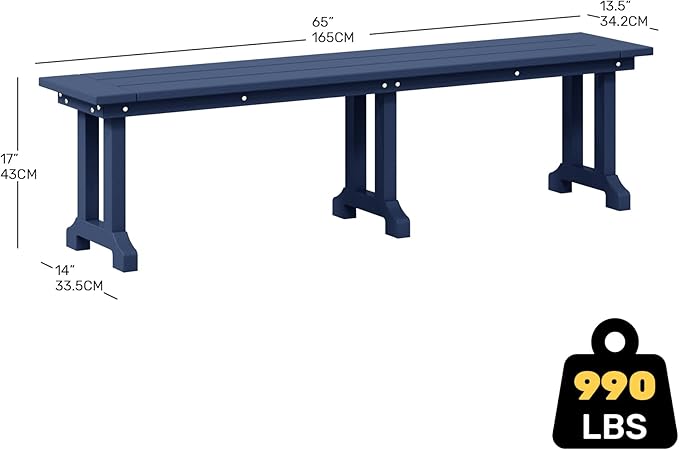 Costaelm Outdoor Benches Weatherproof, Park Long Bench Poly Lumber Backless for Entryway Front Porch Garden Bench Seat for Patio, Navy Blue