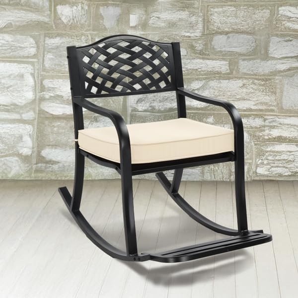 Outdoor Metal Rocking Chair with Cushion and Footrest, Weather Resistant Rocker Bench for Patio Garden Yard, Black - Photo 7
