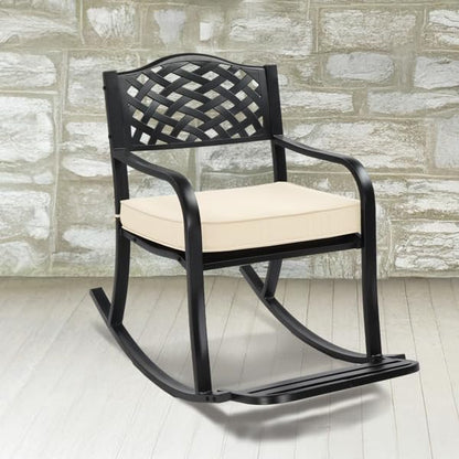 Outdoor Metal Rocking Chair with Cushion and Footrest, Weather Resistant Rocker Bench for Patio Garden Yard, Black