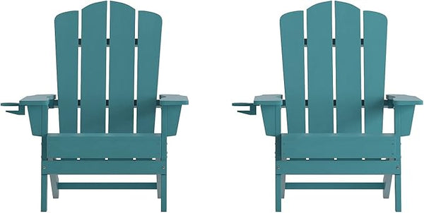 Flash Furniture Newport Adirondack Chairs with Cup Holders, Weather Resistant Poly Resin Adirondack Chairs, Set of 2 - Photo 1