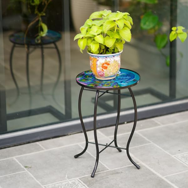 10 Inch Round Peacocks Glass Side Table, Patio Small Table, Outdoor Side Table, Outdoor Bar Table - Photo 4