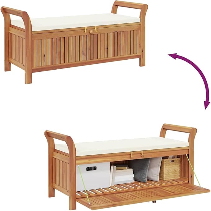 Garden Storage Bench Cream White Natural Wood Solid Acacia Outdoor Furniture with Soft Polyester Cushion for Patio and Garden Seating 4 Pieces