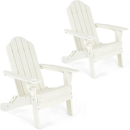 Giantex 2-Pack Adirondack Chair, Outdoor Folding Chairs, Weather Resistant Patio Chair with Cup Holder Lawn Chair for Patio, Garden, Backyard, Balcony, Deck Outside Fire Pit Chair (White)