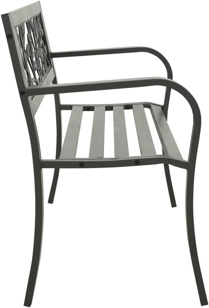 Vintage Rose Pattern Garden Bench Steel Grey Powder-Coated Steel 3-Seater Outdoor Patio Furniture for Balcony and Garden with Spacious Seating