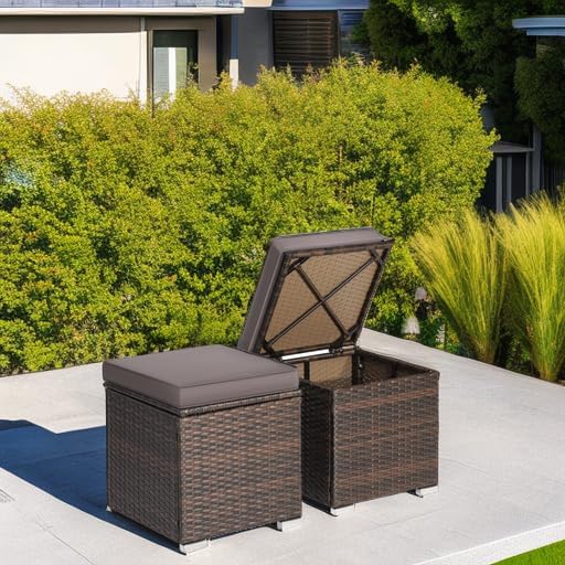 RELAX4LIFE Wicker Outdoor Storage Ottoman, 2-Piece Rattan Footstool w/Removable Cushion - Photo 5