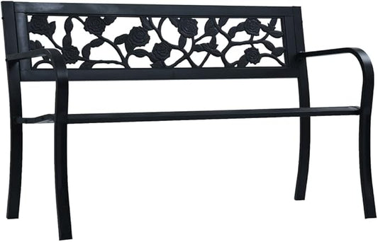 Vintage Black Steel Garden Bench 49.2 Inch Durable Outdoor Seating with Floral Backrest for Patio Garden Balcony Comfortable Two-Person Bench