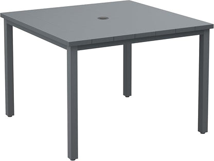 DIFY 40.2" Square Outdoor Dining Table for 4, Slatted Metal Patio Table with Adjustable Umbrella Hole, All-Weather Patio Dining Table for Garden Backyard Deck, Grey Tabletop