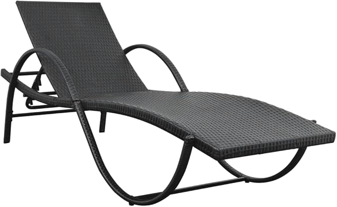 Modern Outdoor Chaise Lounge 25.2x76x22 in Steel Frame UV-Safe Poly Rattan Adjustable Recliner Chair Black & Cream White for Garden Patio Balcony