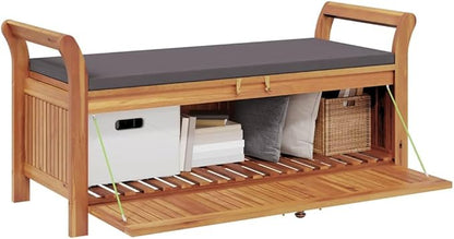 Garden Storage Bench Wood with Dark Grey Cushion, Solid Acacia Wood Outdoor Furniture with Removable Seat and Under-Seat Storage, Weather-Resistant Patio Bench for Garden