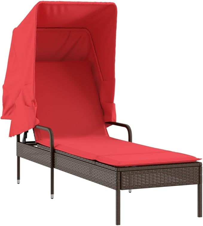 vidaXL Brown Poly Rattan Sun Lounger with Retractable Canopy, Adjustable Backrest, Cushion & Tea Table for Patio/Garden - Photo 1