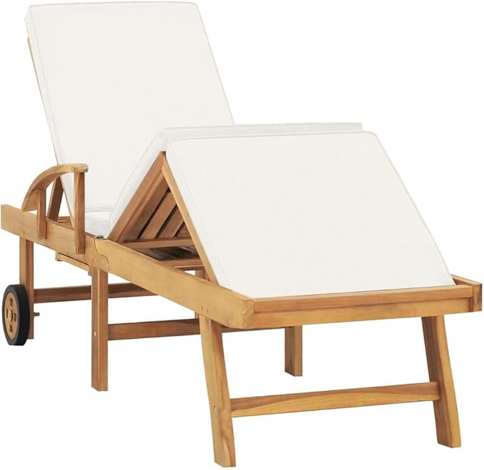 Solid Teak Wood Sun Lounger with Adjustable Footrest and Cream Cushion, Portable Outdoor Chaise Lounge for Poolside - Photo 2