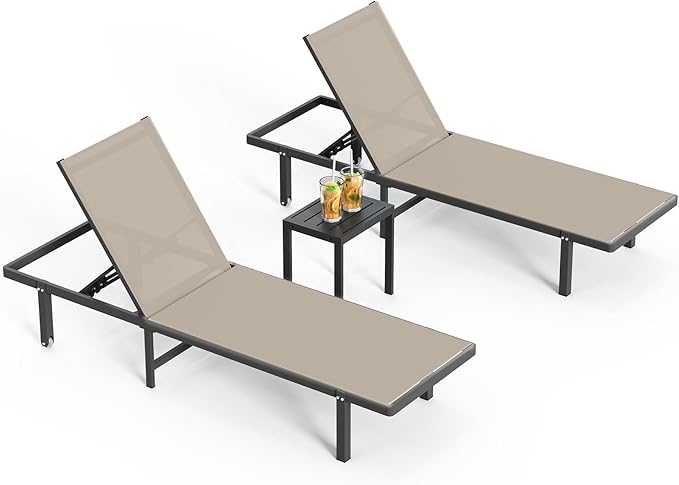 Pool Lounge Chairs Set of 3 (2 Loungers + 1 Side Table)，Outdoor Lounge Chairs with Wheels and 5-Position Recliner - Photo 8