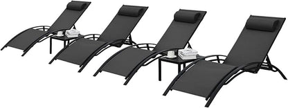AthLike 3 pcs Poolchairs Patio Chaise Lounge Set with Headrest, 5-Level Adjustable Sunbathing Tanning Poolside Recliner Chairs with Side Table for Outdoor Beach (Black)