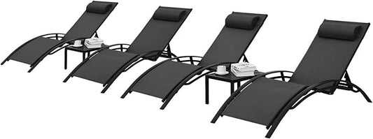 AthLike 3 pcs Poolchairs Patio Chaise Lounge Set with Headrest, 5-Level Adjustable Sunbathing Tanning Poolside Recliner Chairs with Side Table for Outdoor Beach (Black)