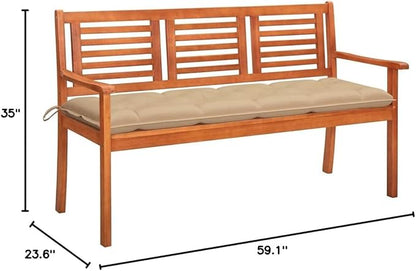【Lightning Delivery】 Wooden Garden Bench, Outdoor Terrace Double Sofa Terrace, Lawn 3-Seater Patio Bench with Cushion 59.1" Solid Eucalyptus Wood