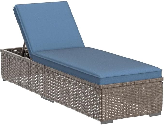 Patiorama Outdoor Patio Chaise Lounge Chair, Elegant Reclining Adjustable Pool Rattan Chaise Lounge Chair with Cushion, Grey PE Wicker, Steel Frame, Blue, Set of 2