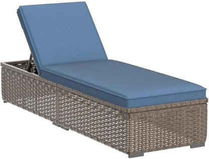 Patiorama Outdoor Patio Chaise Lounge Chair, Elegant Reclining Adjustable Pool Rattan Chaise Lounge Chair with Cushion, Grey PE Wicker, Steel Frame, Blue, Set of 2