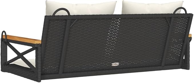 Outdoor Swing Bench with Removable Cushions, Black and Cream White Poly Rattan Patio Furniture for Garden, Balcony - Photo 6