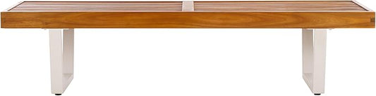 SAFAVIEH Outdoor Patio Furniture Heather Natural Brown Solid Wood & White Legs 60-inch Steel Bench