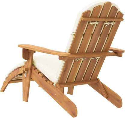 Adirondack Patio Chair with Foldable Footrest Solid Acacia Wood Outdoor Lounge Chair for Patio Garden Poolside Cream White Cushions