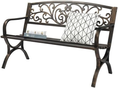Patio Outdoor Park Loveseat Bench for Garden Porch Deck Made Cast Iron Anti-Rust Aluminum Metal, 2-3 Seater (50 Inch Butterfly Back Cross Feet Bronze Iron Bench)