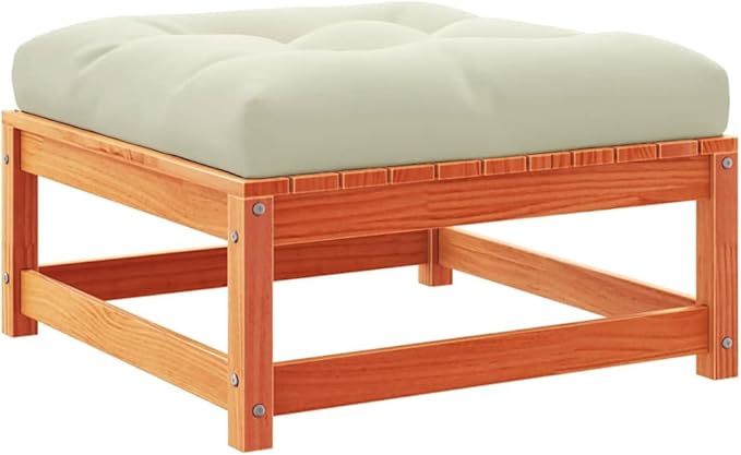 Solid Pine Wood Outdoor Patio Footstool with Removable Cushion, Wax Brown and Cream Color, 27.6 Inches - Photo 8
