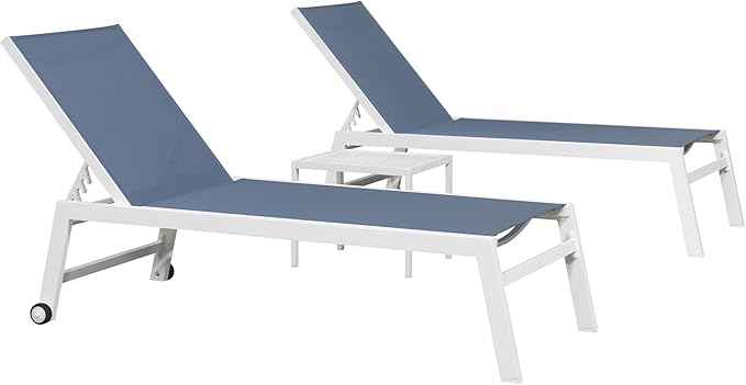 PURPLE LEAF Oversize Chaise Lounge Chair Outdoor 2 Pieces White Aluminum Lounge Chair with Wheels and Table for Pool Deck Patio, Indigo