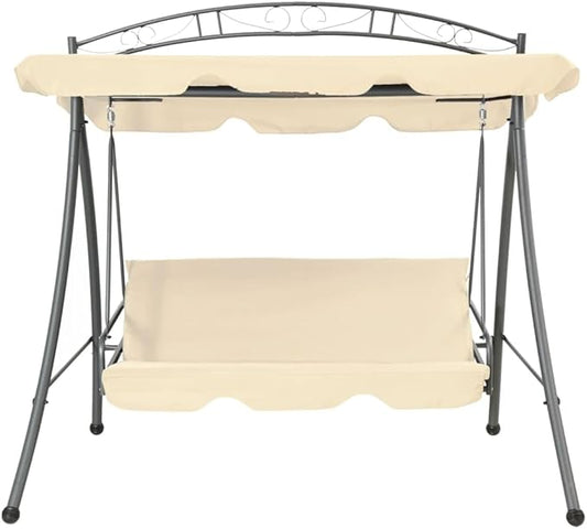 Outdoor Garden Swing Seat with Canopy, Convertible Bench Chair for Patio Porch Backyard, Large 2-Person Powder-Coated Metal Swing, Sand White