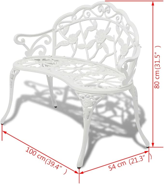 Garden Bench White Cast Aluminum and Cast Iron 39.4 Inch Durable Outdoor Furniture with Decorative Inlays for Patio Yard Garden Seating Relaxation