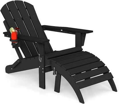 Adirondack Chair with Footrest,Folding Adirondack Chair with Retractable Ottoman,HDPE All Weather Fire Pit Chair with Cup Holder,2-Piece (Black, 1 Chair &1 footrest)